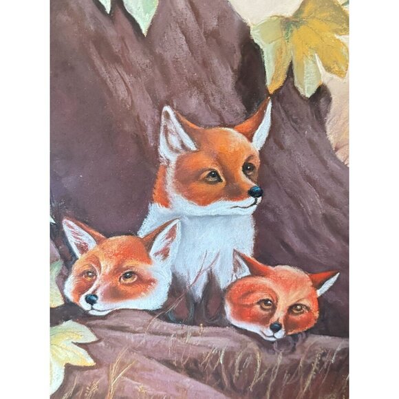 Vintage Unique Framed Fox Family Original Painting Artwork 22"x 25" - Picture 2 of 16